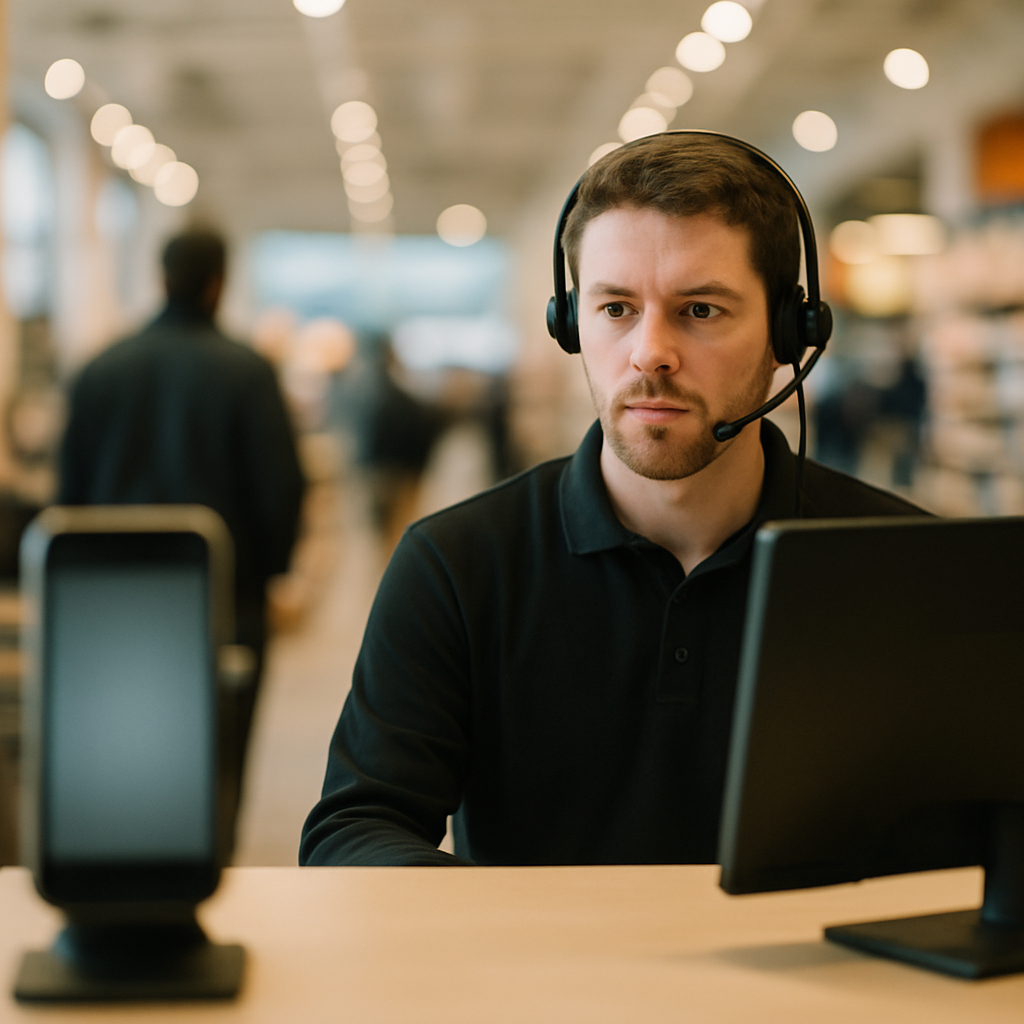Retail customer service desk with blurred computer screen nearby in daytime setting.
