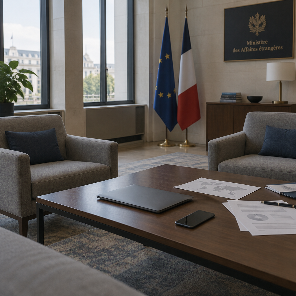 A government waiting area with a laptop, smartphone, and scattered papers on a low table near tall windows.