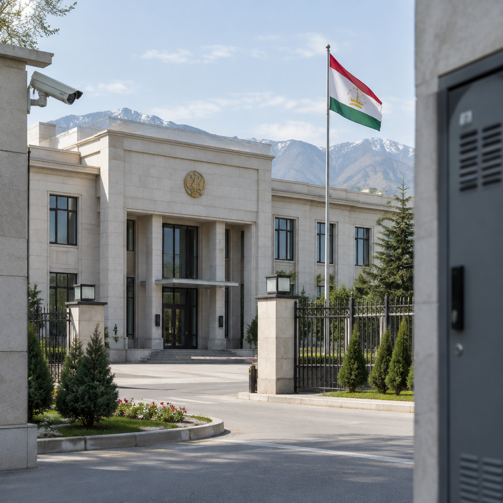 Diplomatic mission building in Central Asia with subtle hint of surroundings.