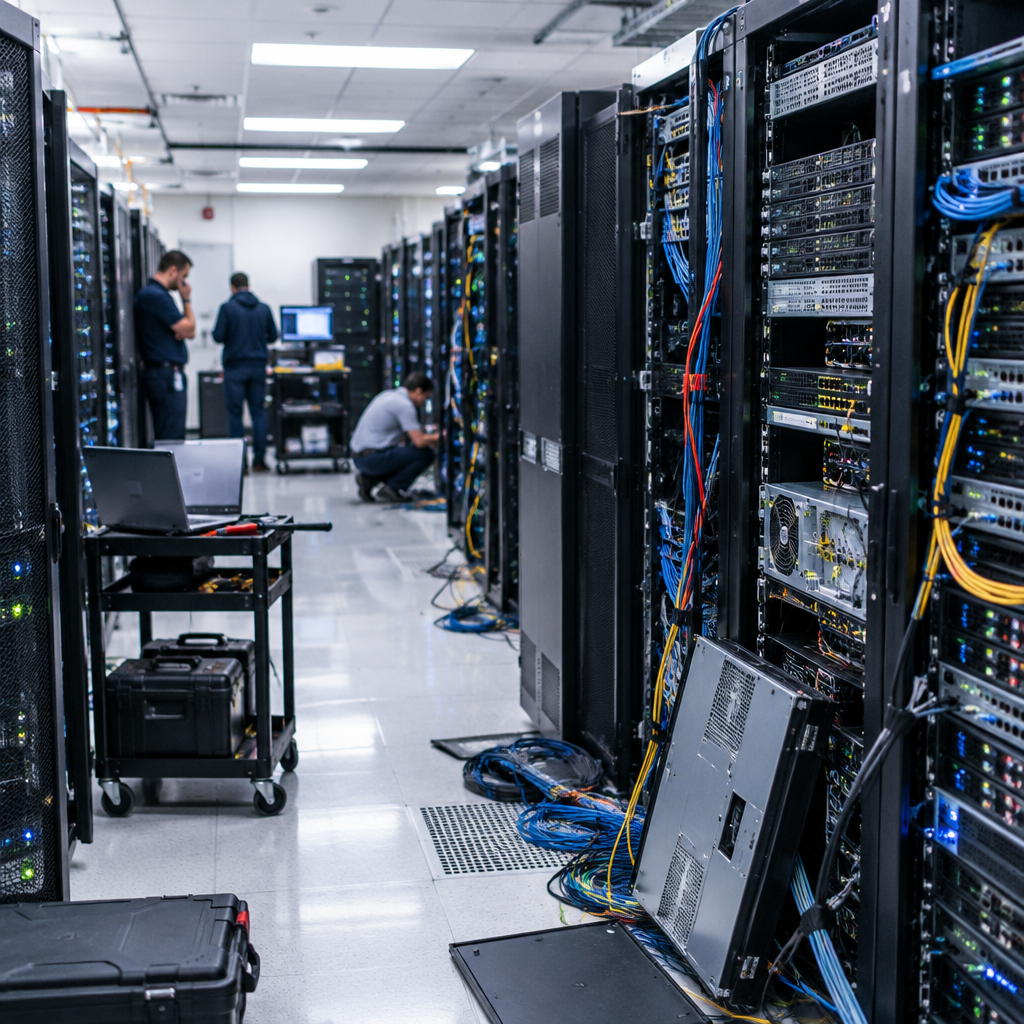 Server room with technicians in background, showing signs of urgent concern and equipment issues.