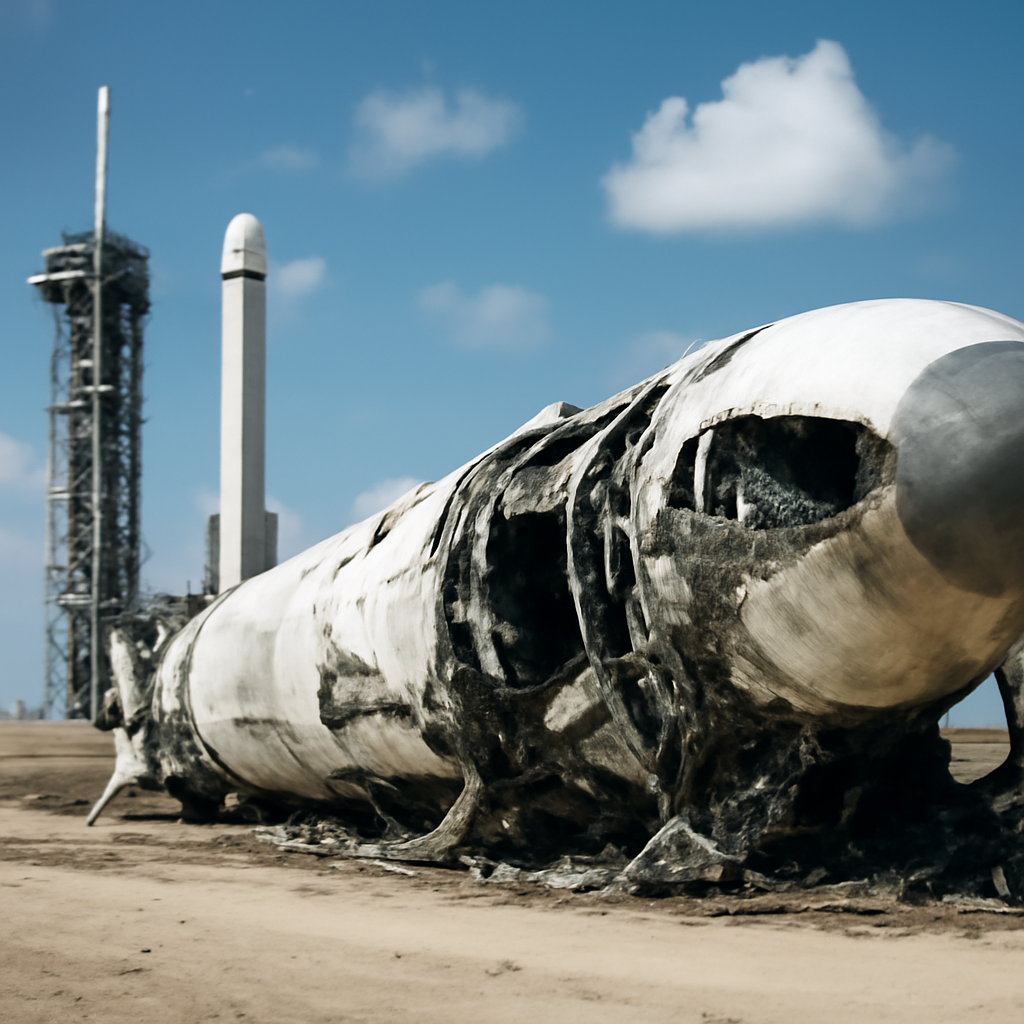 Damaged rocket on launchpad against blue sky with clouds.