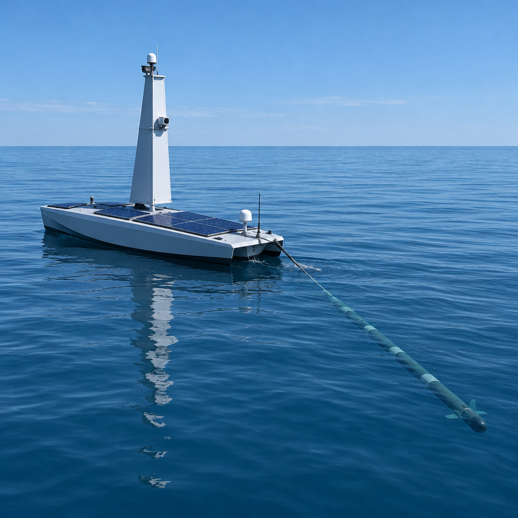 Small, unmanned surveillance boat with sail and solar panels on calm waters, towing sonar payload.