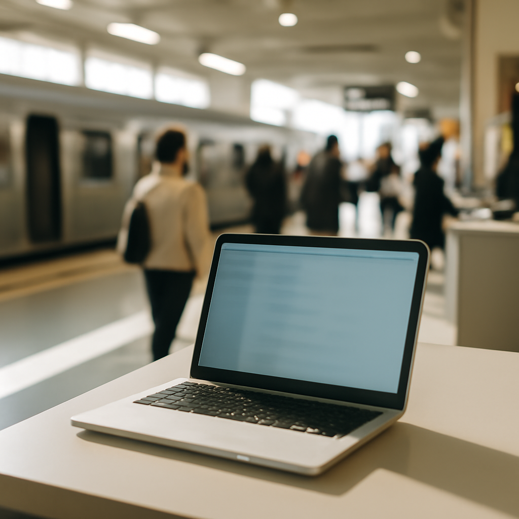 Laptop on a table in a brightly-lit public area, suggesting internet access.