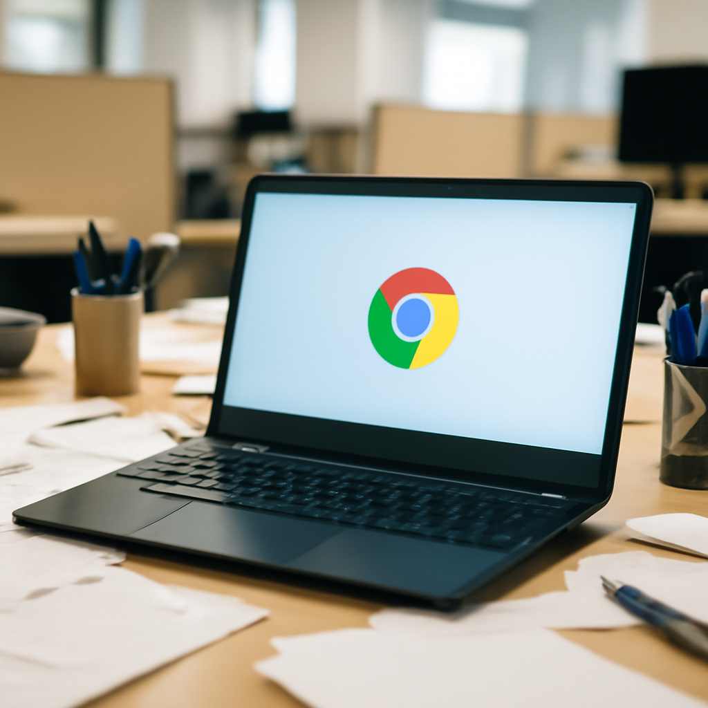 Windows laptop on cluttered office desk with Chrome browser open.