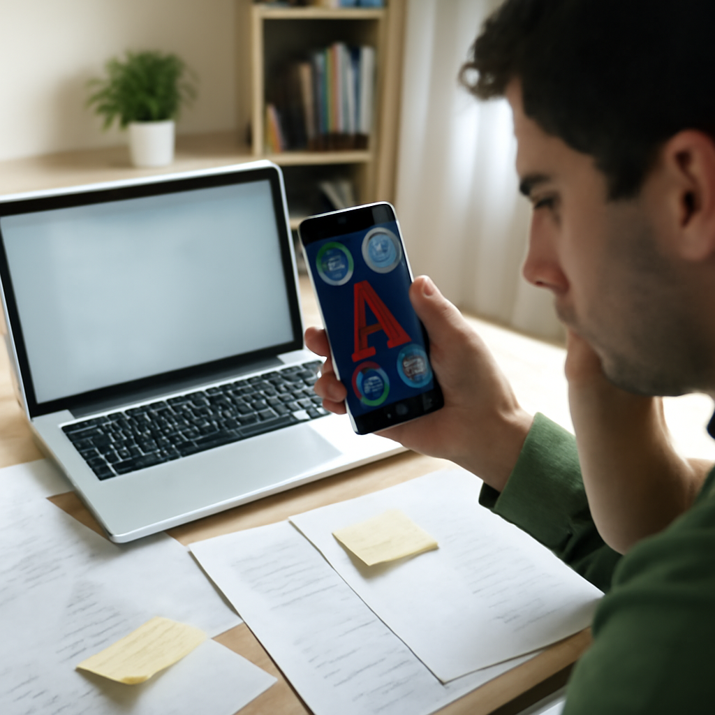 Person working at desk with laptop and smartphone, surrounded by papers and notes.
