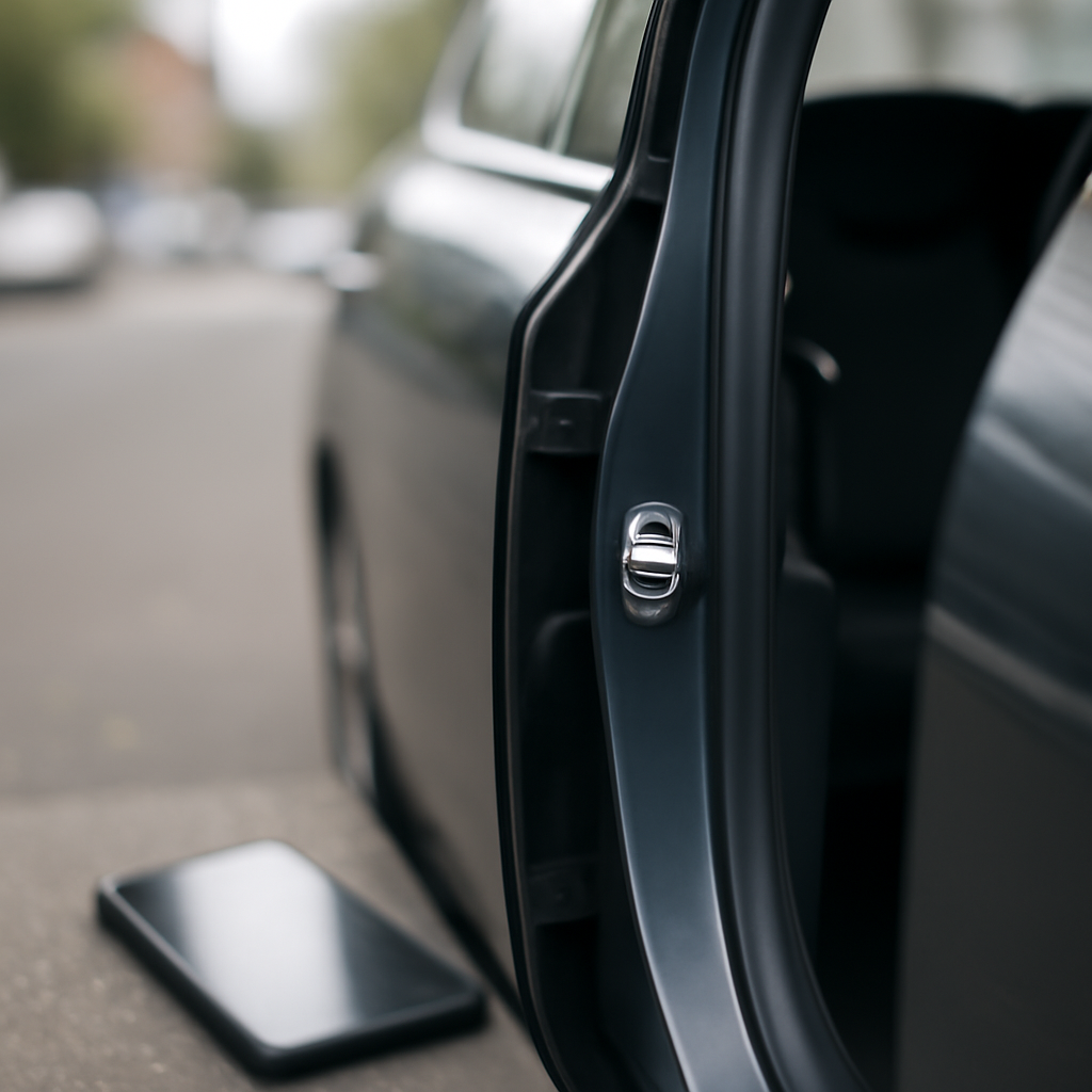 Close-up of unlocked car door with smartphone nearby on city street.