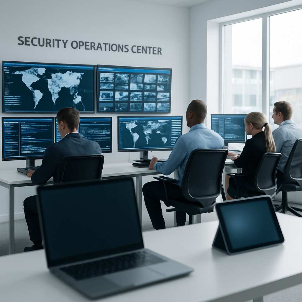 Modern security operations center interior with personnel at sleek workstations.