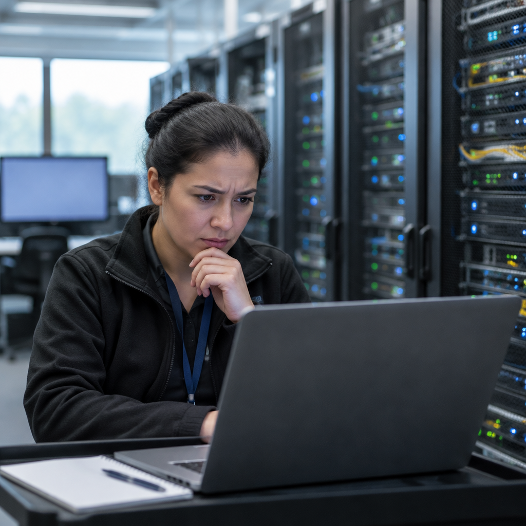 Person examines laptop with concern in server room with rows of computer equipment.