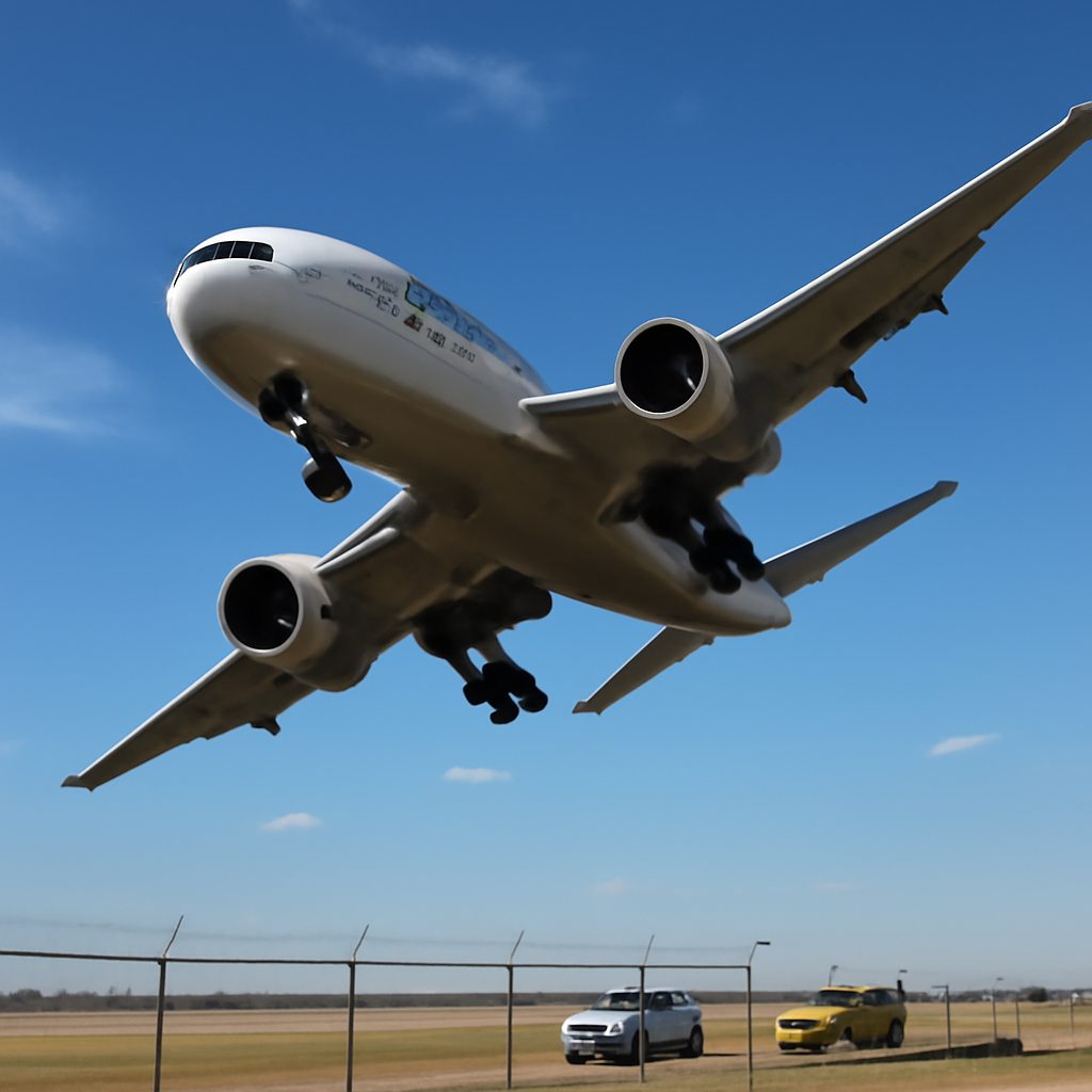 Boeing 777 aircraft flying low over Texas airfield with wing tip close to ground.