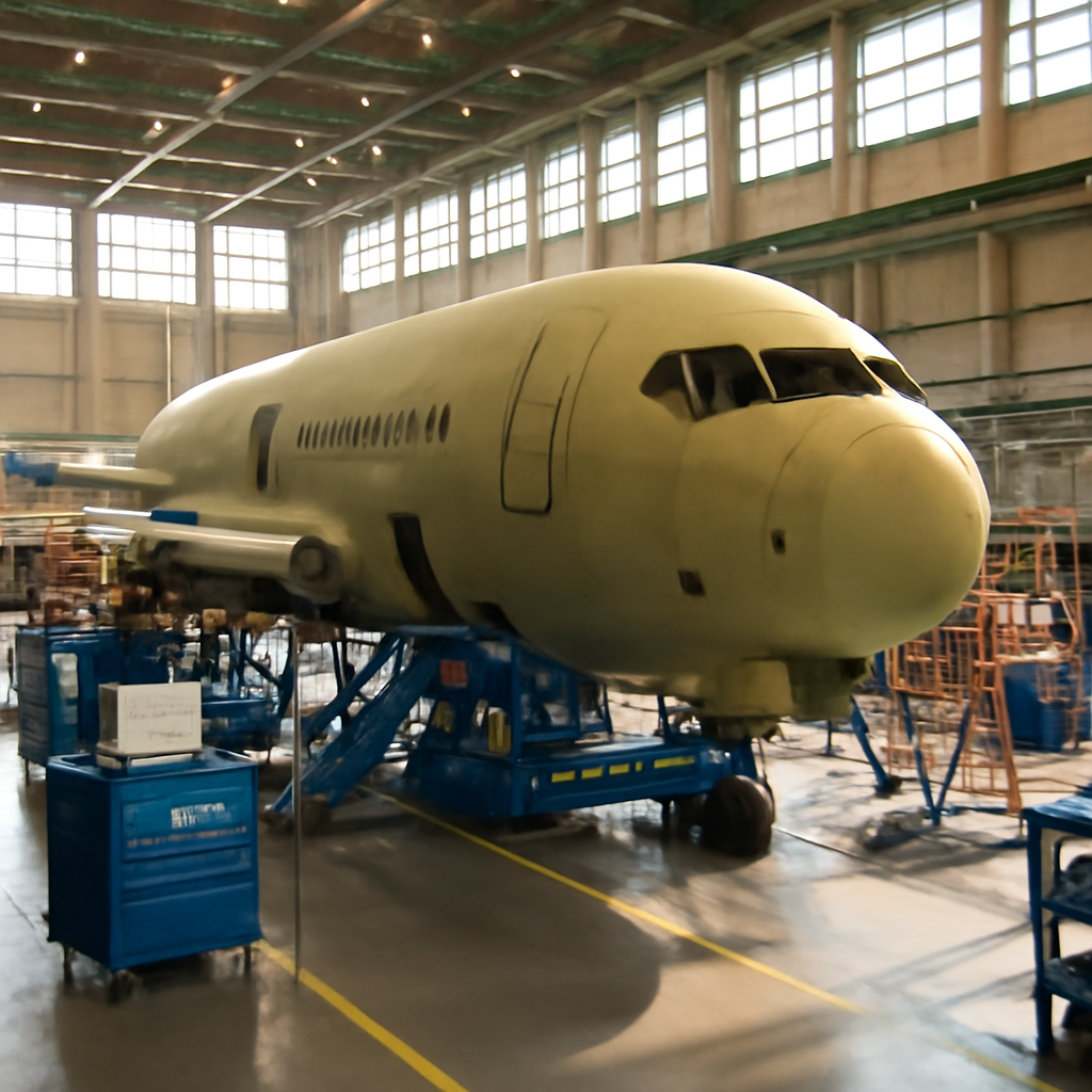 Boeing manufacturing facility with aircraft fuselage section, tools, and workers under bright daylight.