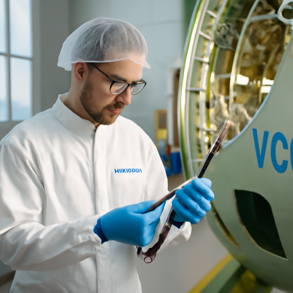 Boeing technician inspects wiring harness on VC-25B fuselage section in clean-room setting.