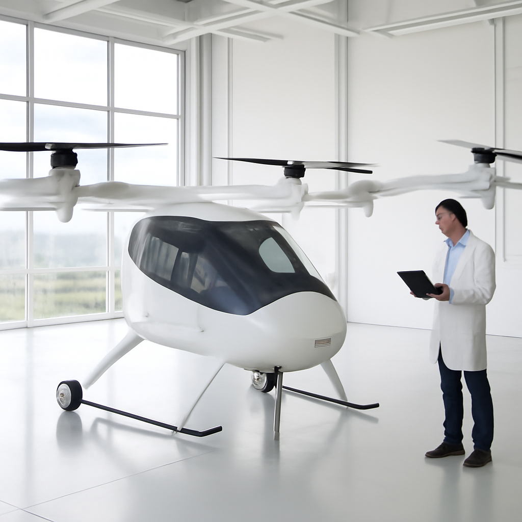 Sleek eVTOL aircraft prototype in a bright, neutral research facility setting.