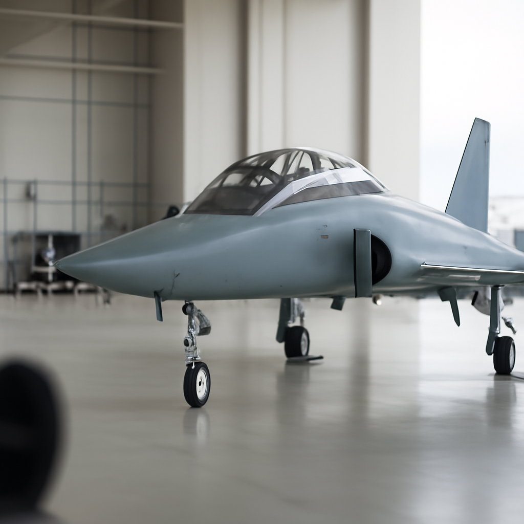Modern jet trainer aircraft in a hangar with industrial equipment and a blurred engine component in the foreground.