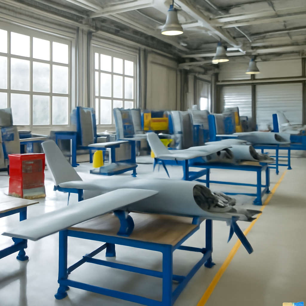 Factory floor with workstations, machinery, and partially-assembled aircraft components in a brightly-lit daytime setting.