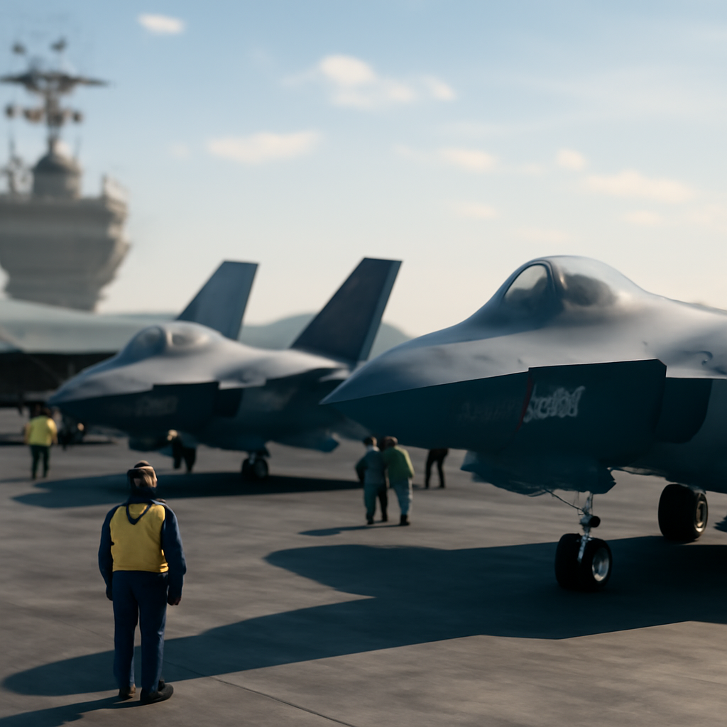 F/A-XX stealth fighter jets on aircraft carrier flight deck with technicians and personnel.