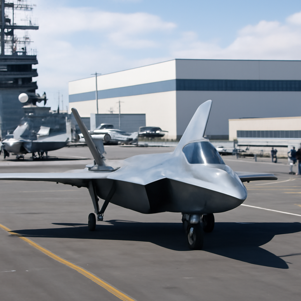 US Navy fighter jets on an aircraft carrier deck with a Boeing facility in the background.