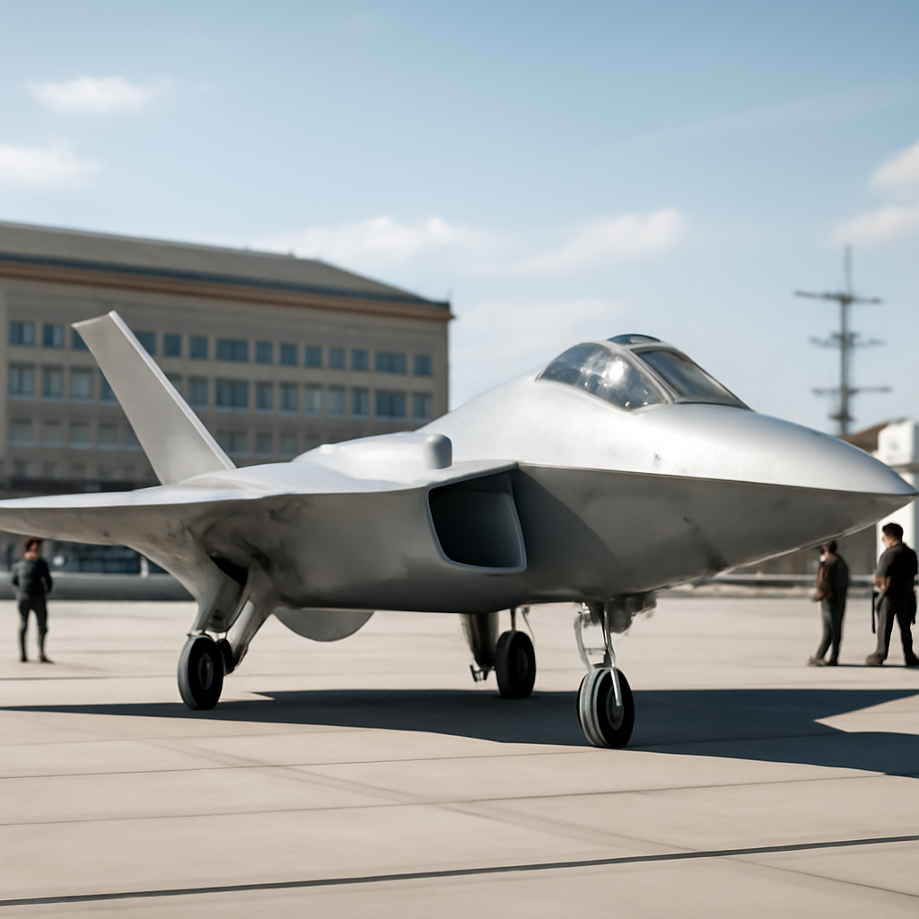 Futuristic fighter jet on a flight deck with military personnel in the background.