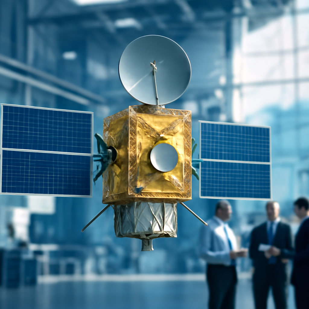Satellite on display at aerospace facility with people discussing in background.