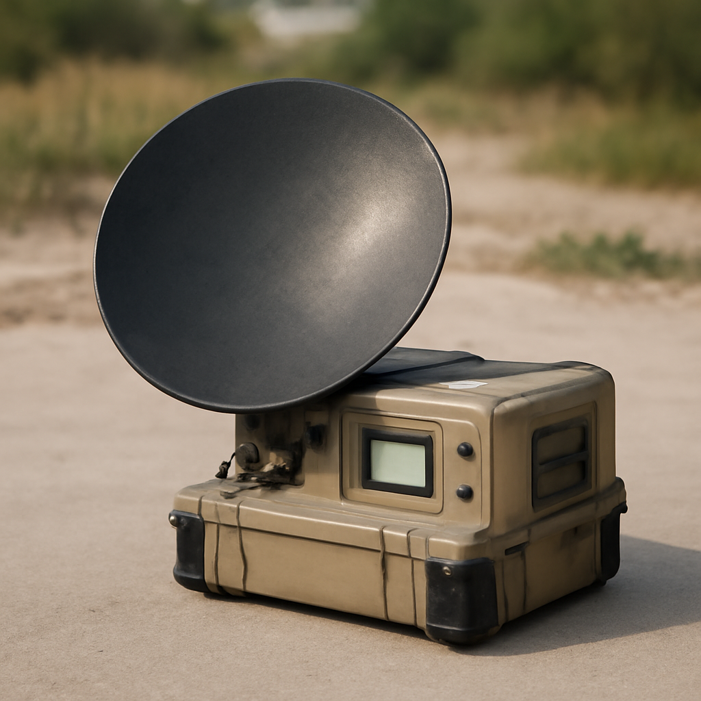 Portable satellite terminal on outdoor surface in remote environment.
