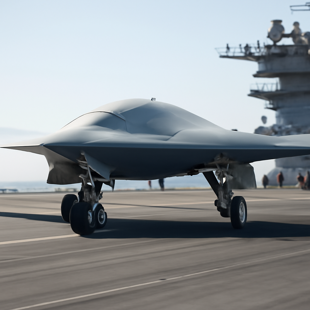 Tailless aircraft with broad fuselage and angled wings taxis on carrier deck.