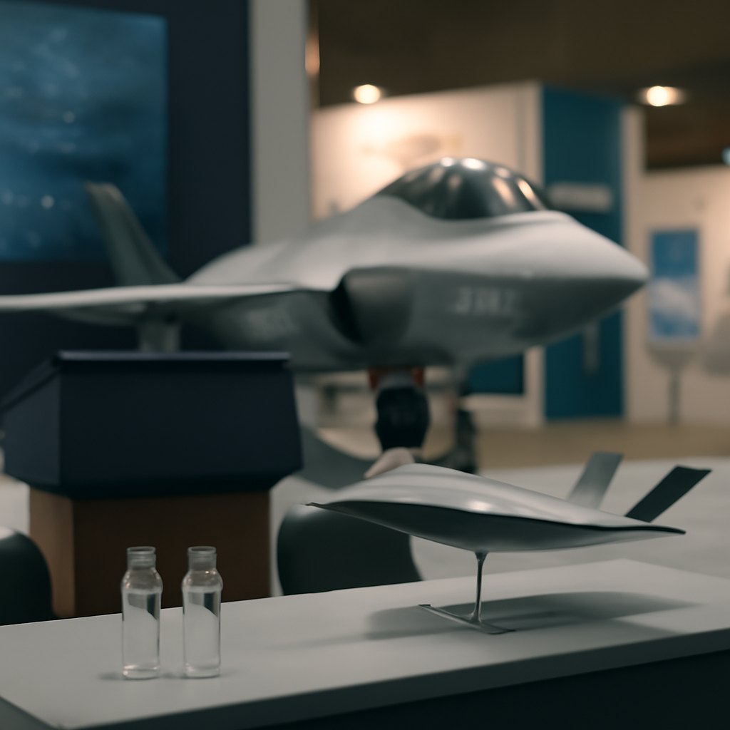 Futuristic fighter jet on a military flight deck with a blurred briefing area in the foreground.