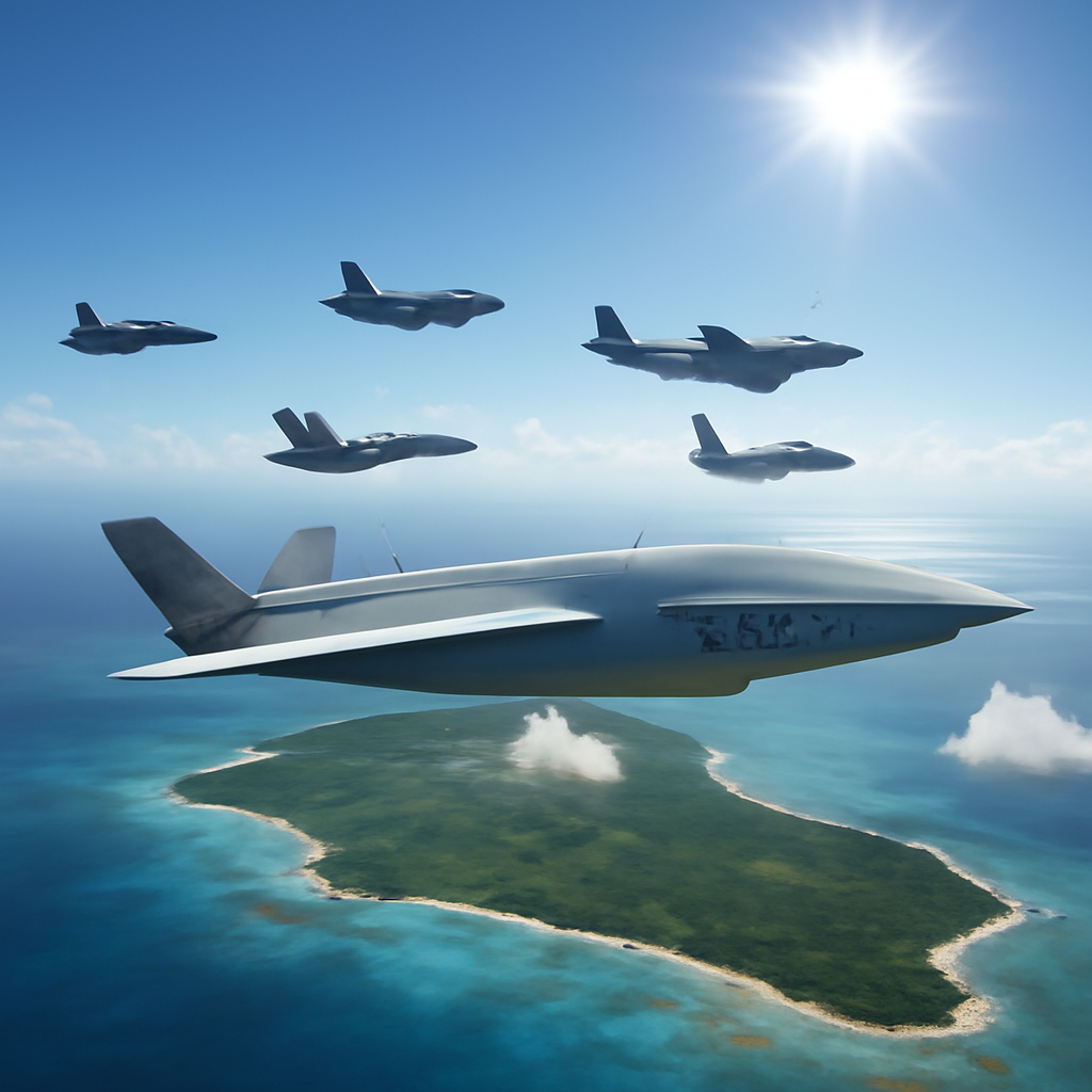 Boeing MQ-28 Ghost Bat drone flies in formation with military aircraft over Pacific island landscape.