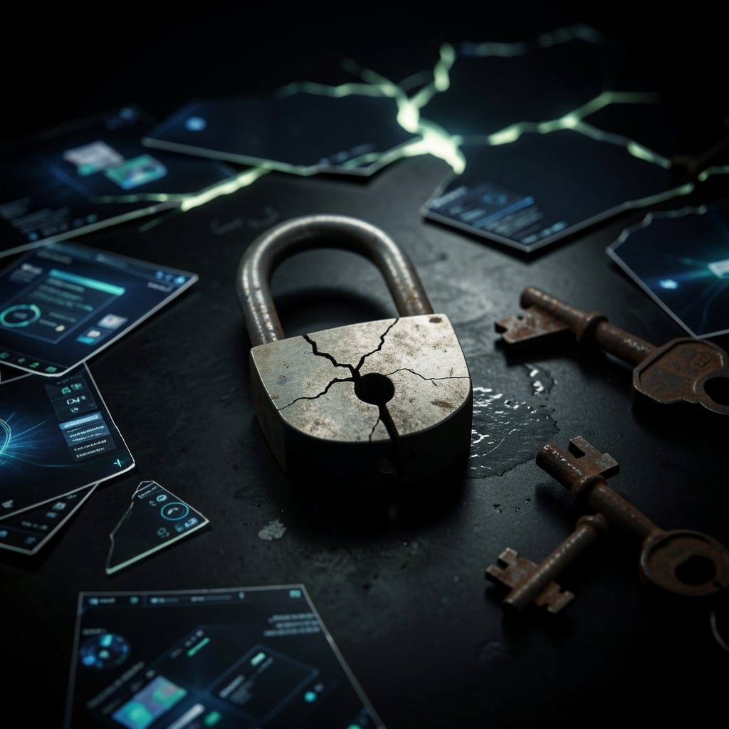 Cracked padlock surrounded by shattered digital screens and rusty keys on dark surface.