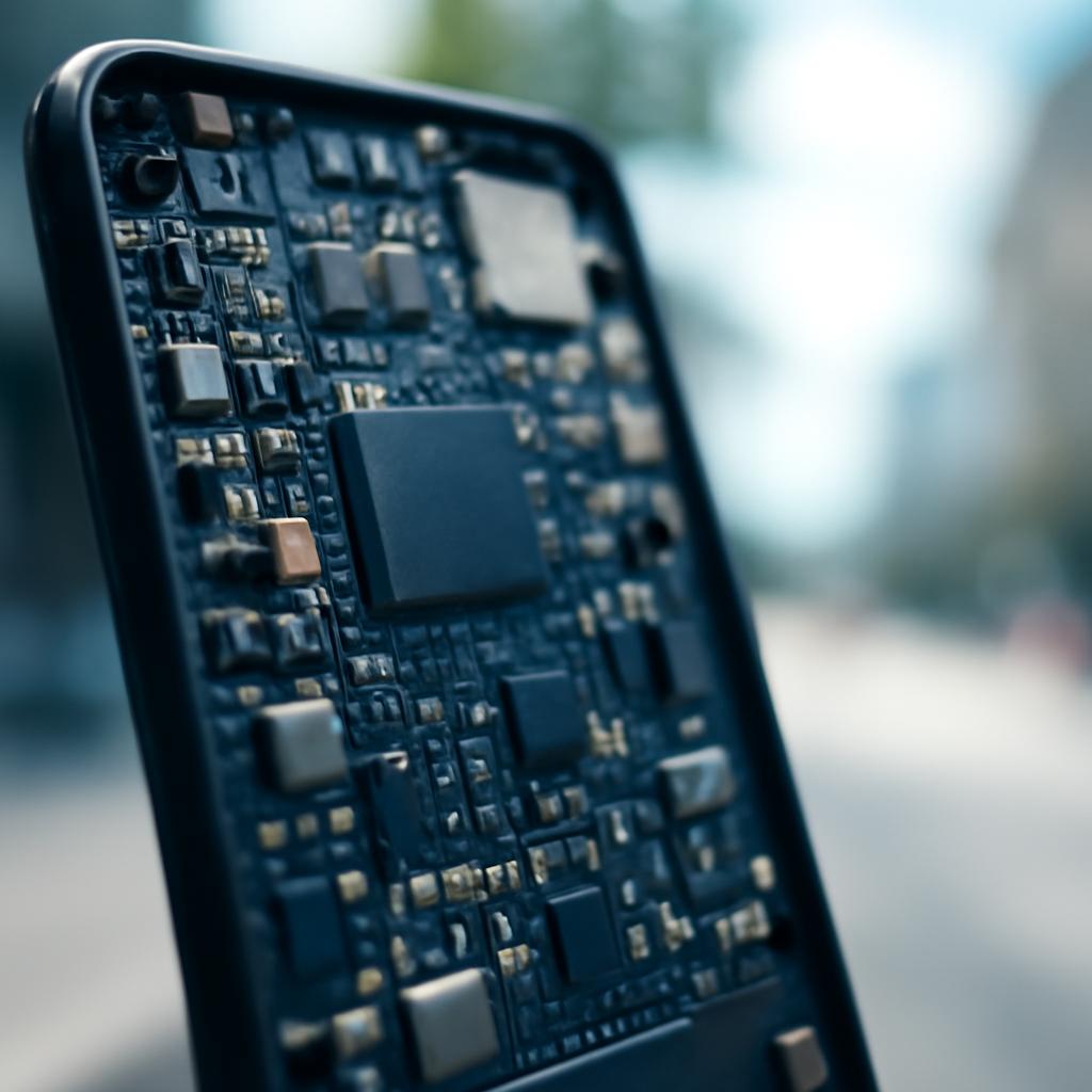 Close-up of a smartphone's circuit board with blurred background, components out of focus.