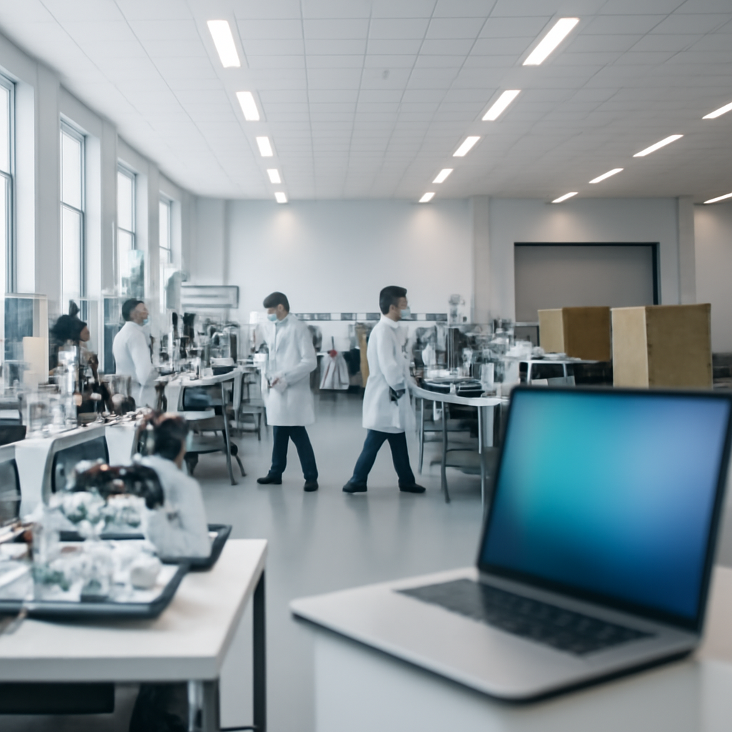 Medical device manufacturing facility interior with workers and equipment.