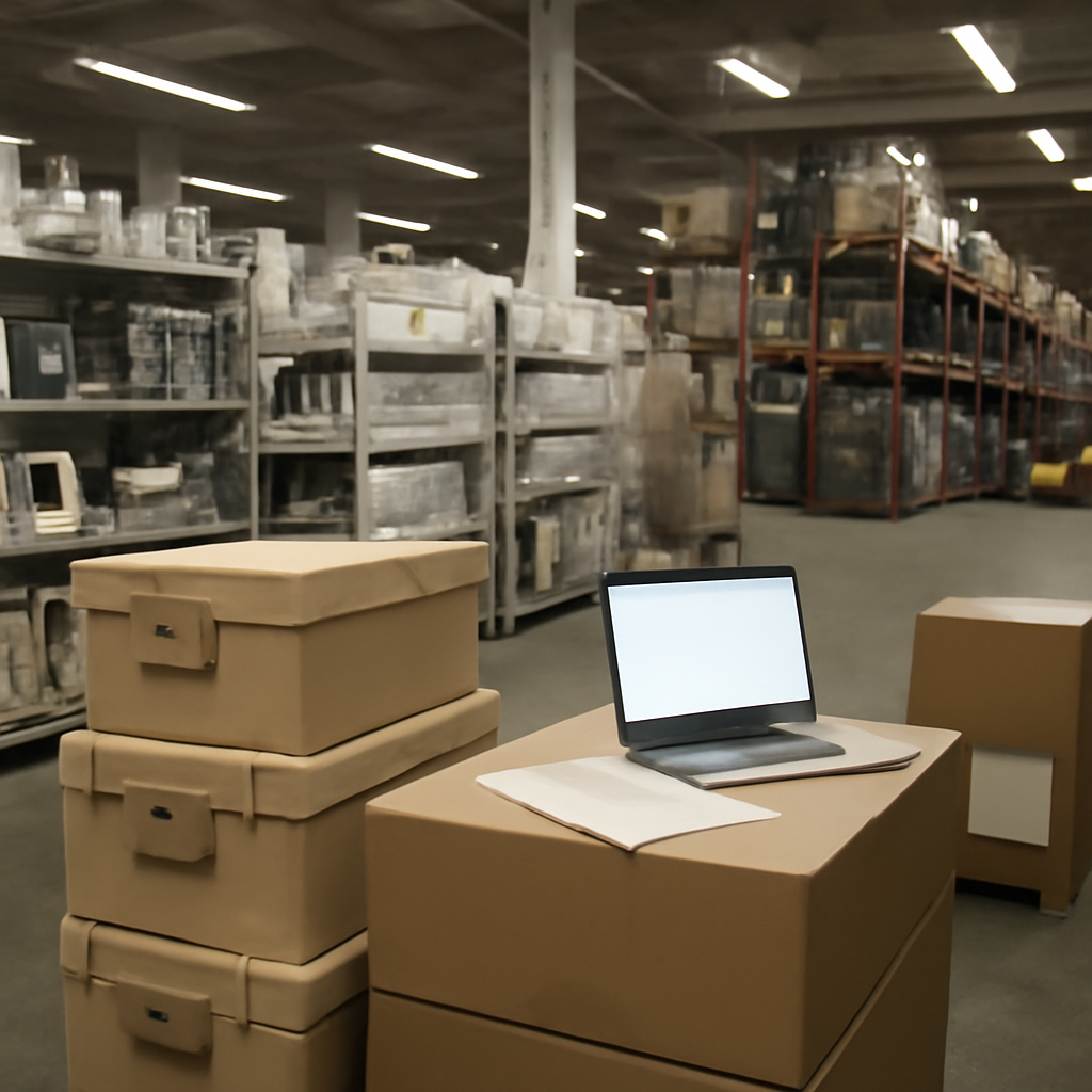 Hospital supply chain facility with industrial and medical equipment, shipping containers, and paperwork under fluorescent…