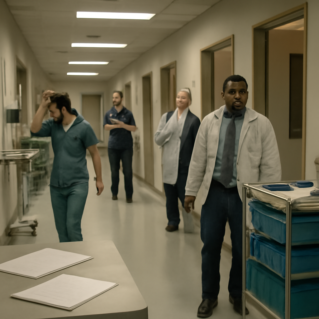 Hospital staff walk down a brightly-lit corridor, showing concern, amidst medical equipment and supply carts.