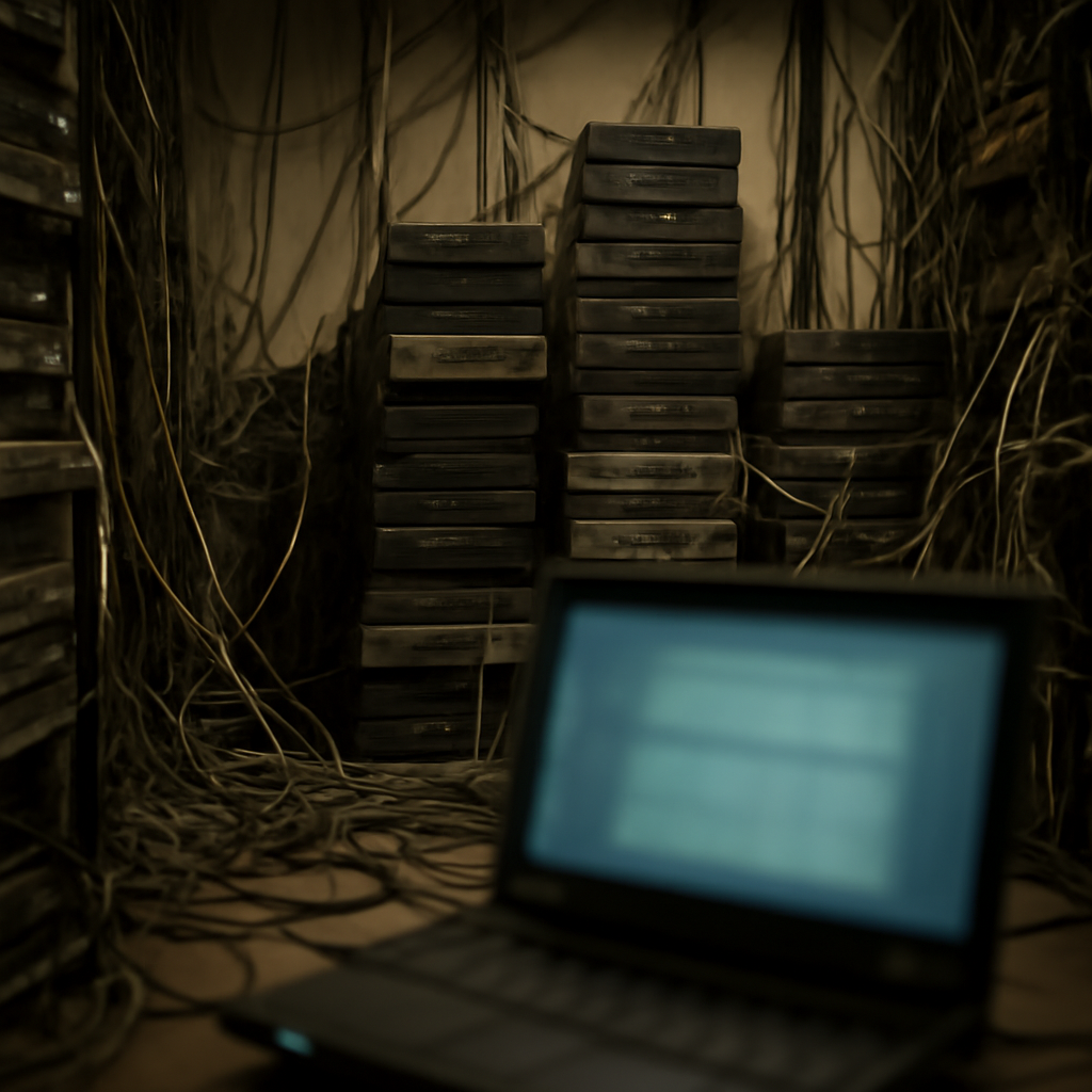 Cluttered server room with stacked routers, switches, and servers, and cables snaking across floor and walls.