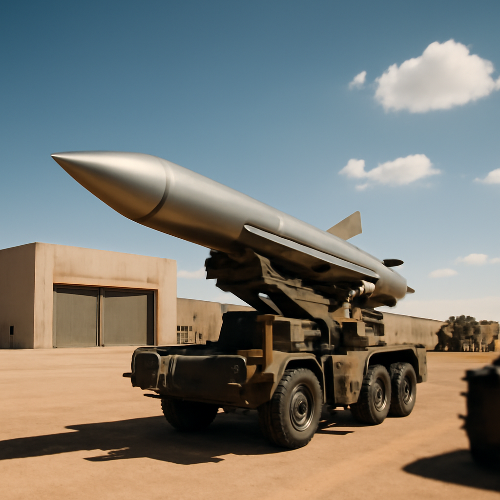BrahMos missile on launcher in desert landscape with modern military facility.