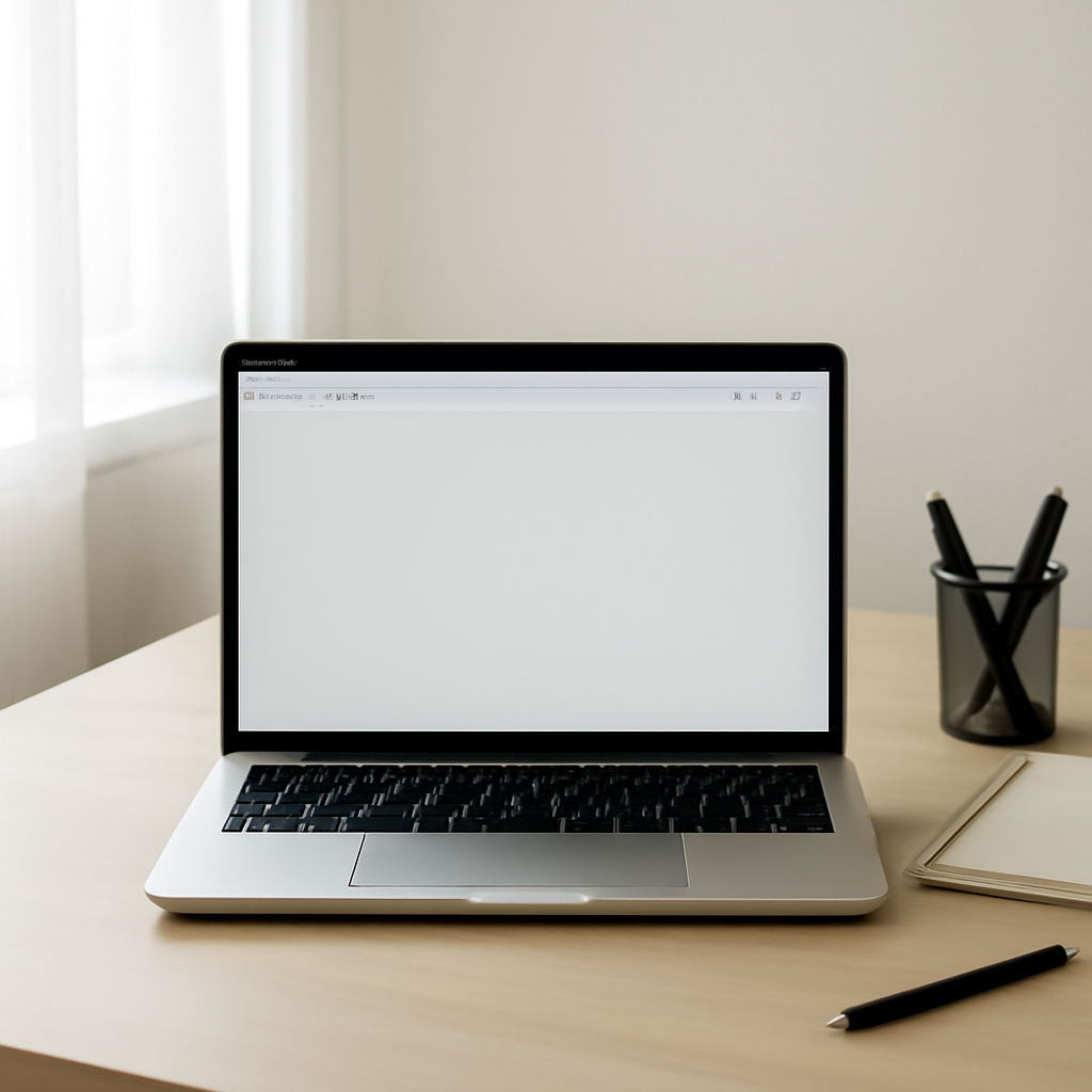 A minimalist workspace with a computer displaying a blank webpage.