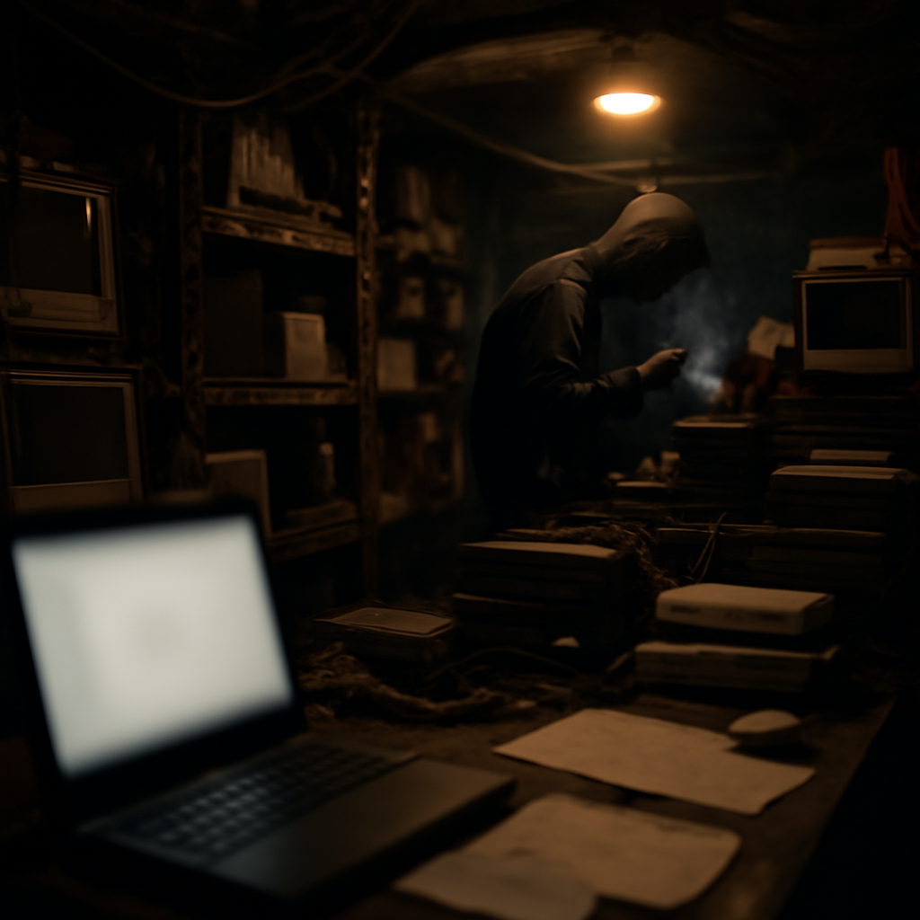 Shadowy figure inspects computer device in dimly lit underground market stall.