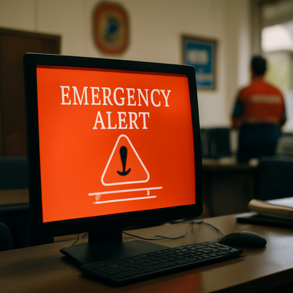 Emergency alert system interface on a computer monitor in a government office setting.