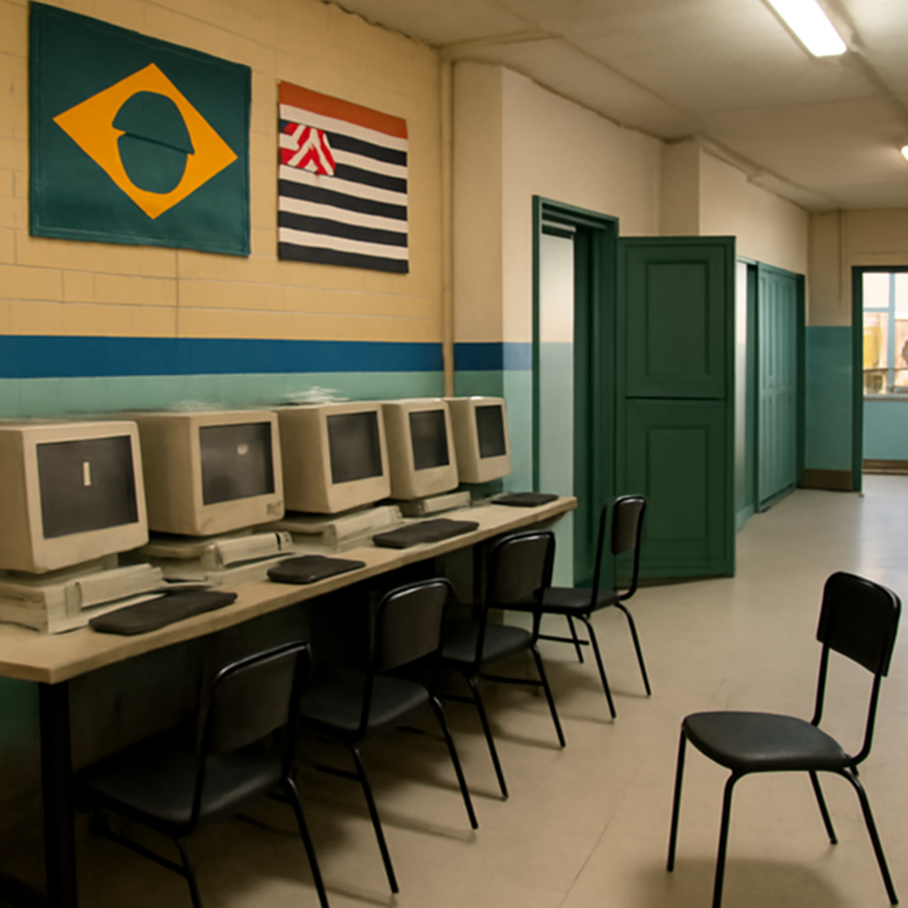 Brazilian school hallway with outdated computer lab and subtle signs of disruption.