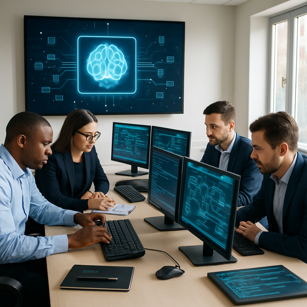 Analysts in a security operations center work together to respond to an incident on multiple monitors displaying code and…