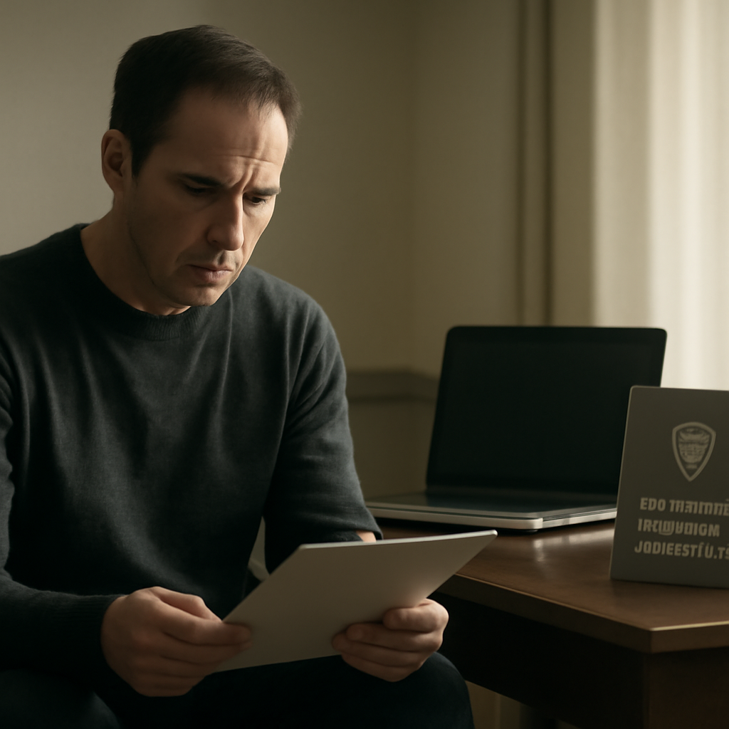 Person sits in quiet room, holding folder, with laptop and identity protection brochure nearby, conveying vigilance and…