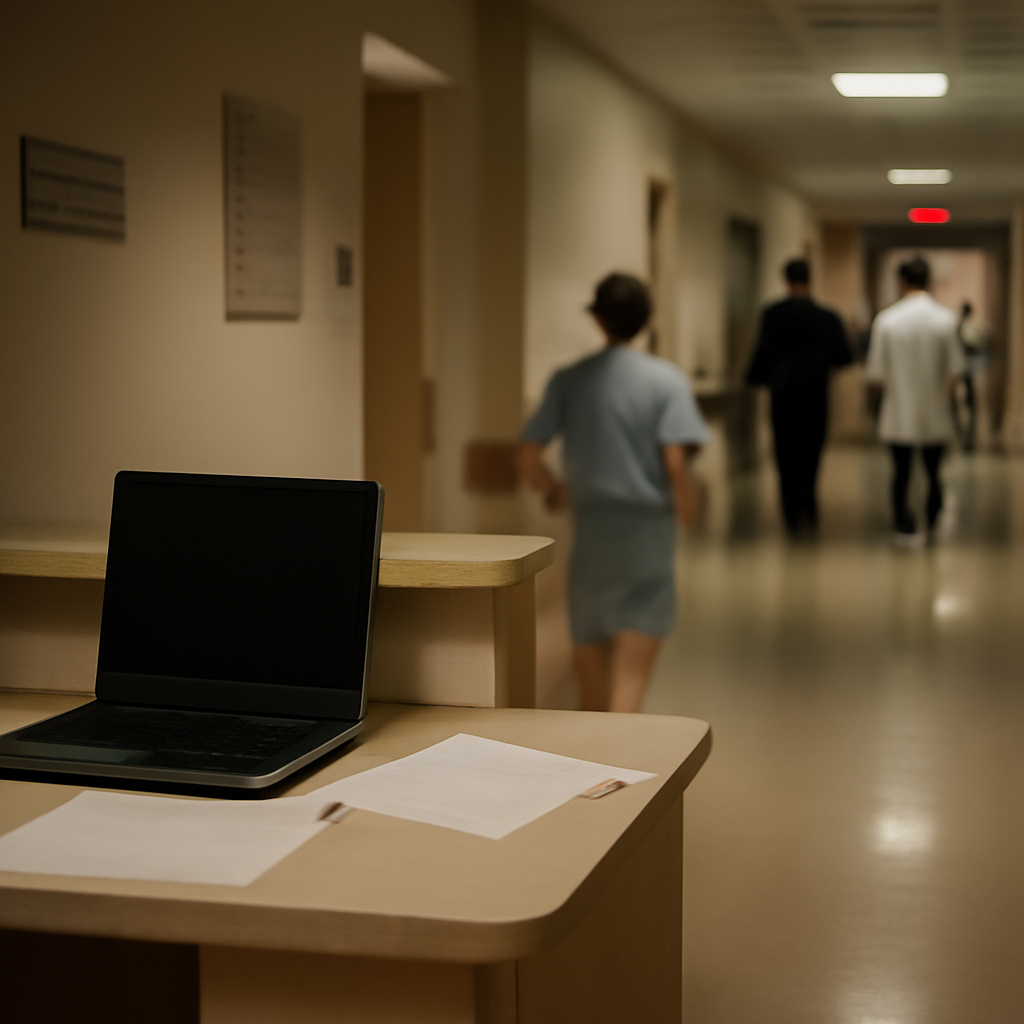 Hospital corridor with people in distance, medical records desk with laptop and papers in foreground.