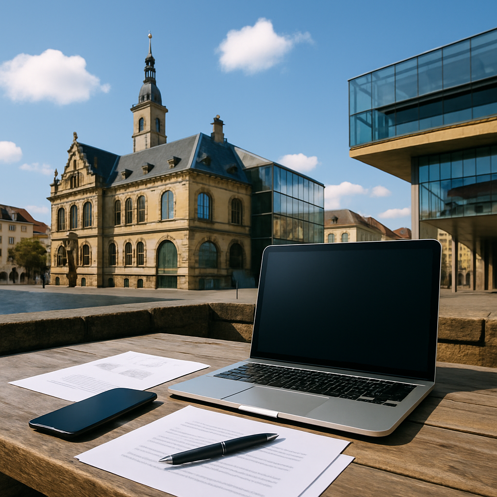 European cityscape with historic and modern buildings, tech devices on a rustic table.