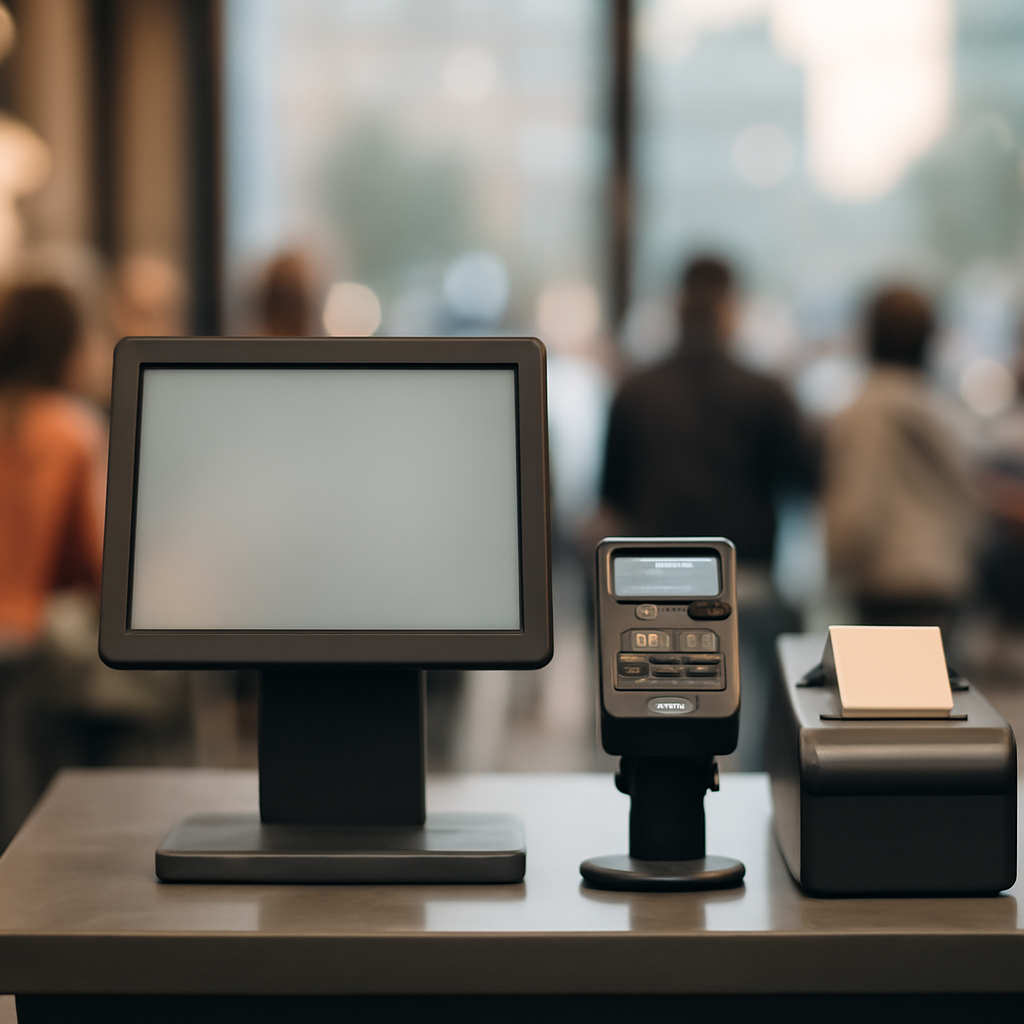 Retail checkout terminal with card reader and receipt printer in busy shopping area.