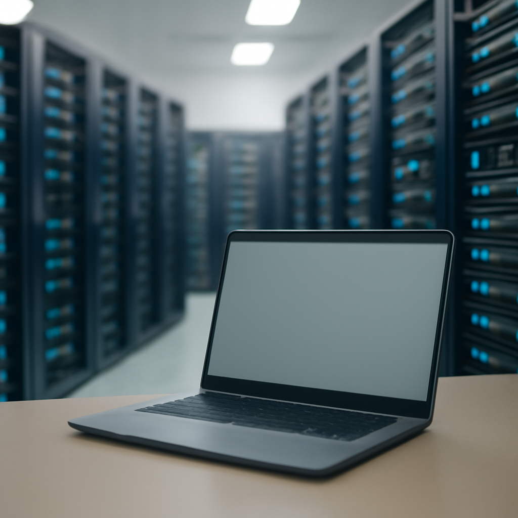 Modern server room with rows of rack-mounted servers and a blurred laptop screen in the foreground.