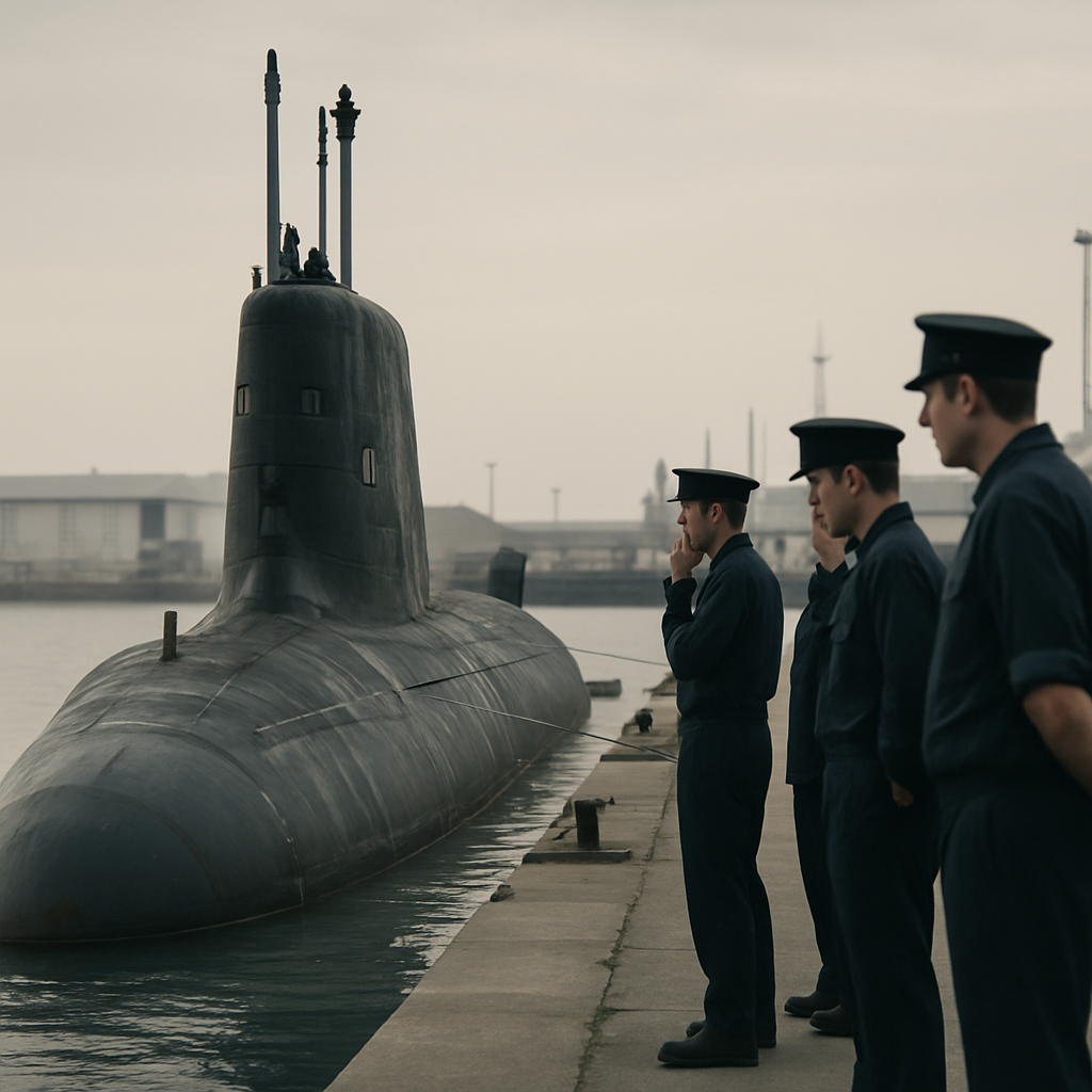 Royal Navy submarine docked in a naval base with personnel standing on dock, scrutinizing the vessel.