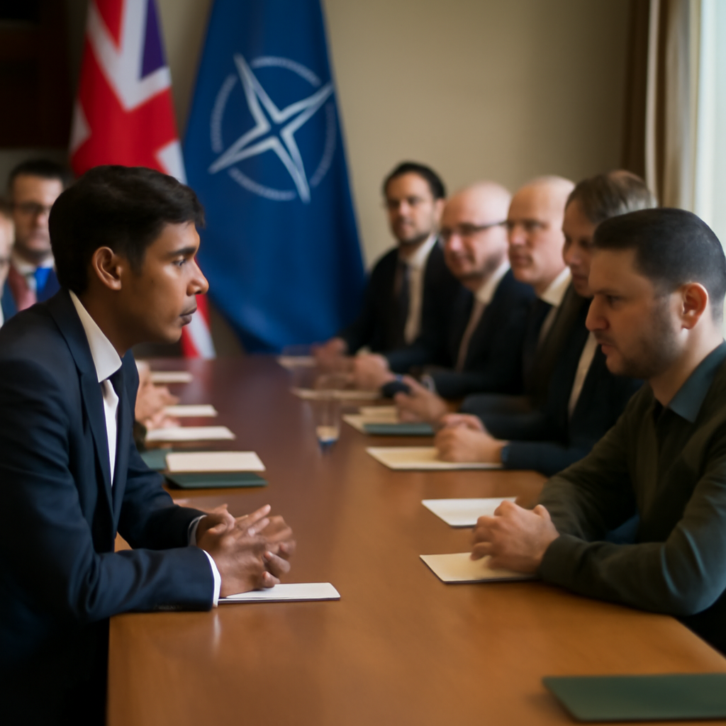 British PM and Ukrainian President Zelensky meet with officials at a formal table.