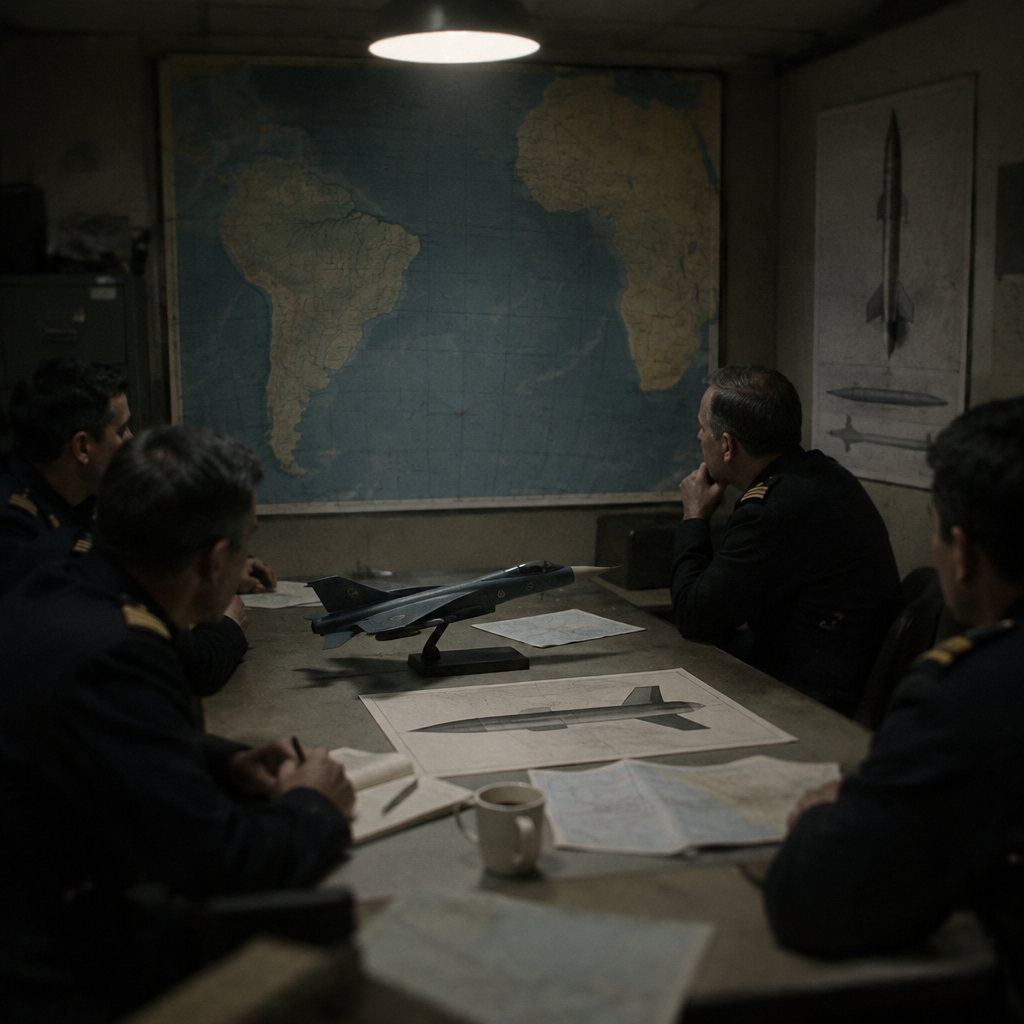 Military officers gather around a table with a Super Étendard model and Exocet diagram in a cramped briefing room.