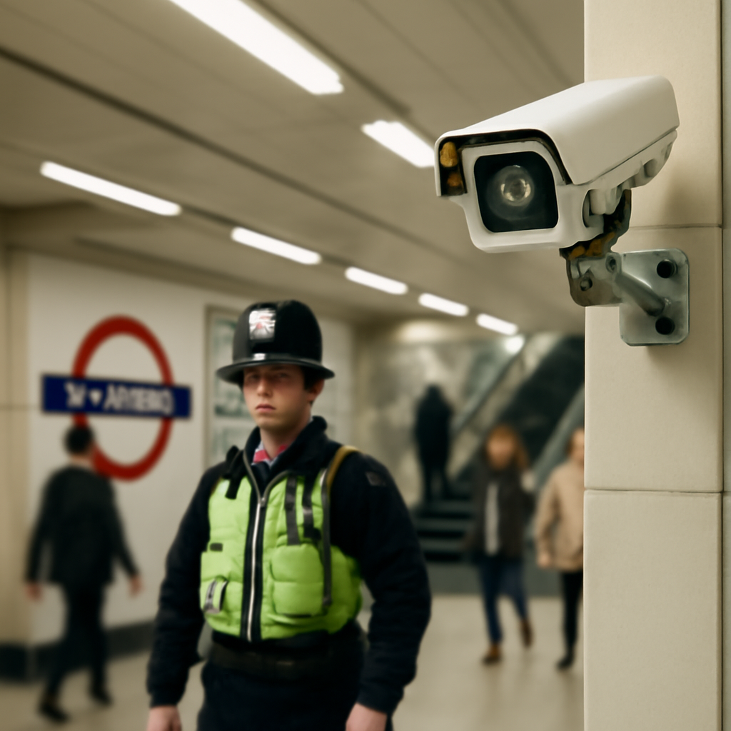 Police officer stands near security camera at Victoria Station with people in background.