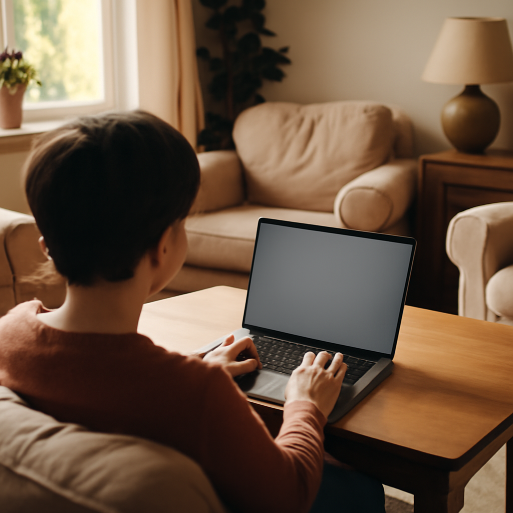 Person sits in living room, face hidden, focused on laptop screen in natural light.