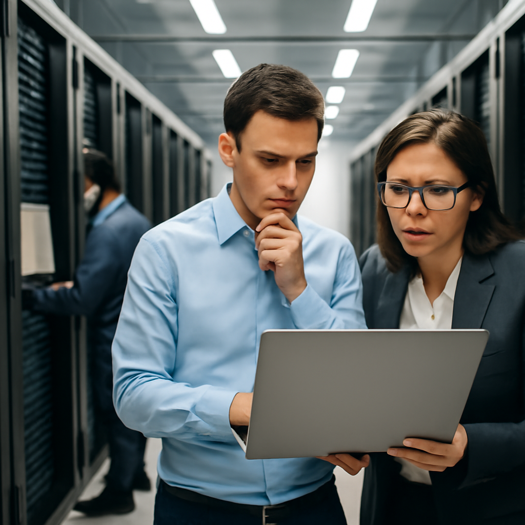 Technicians in a data center show concern while examining equipment with a blank screen.