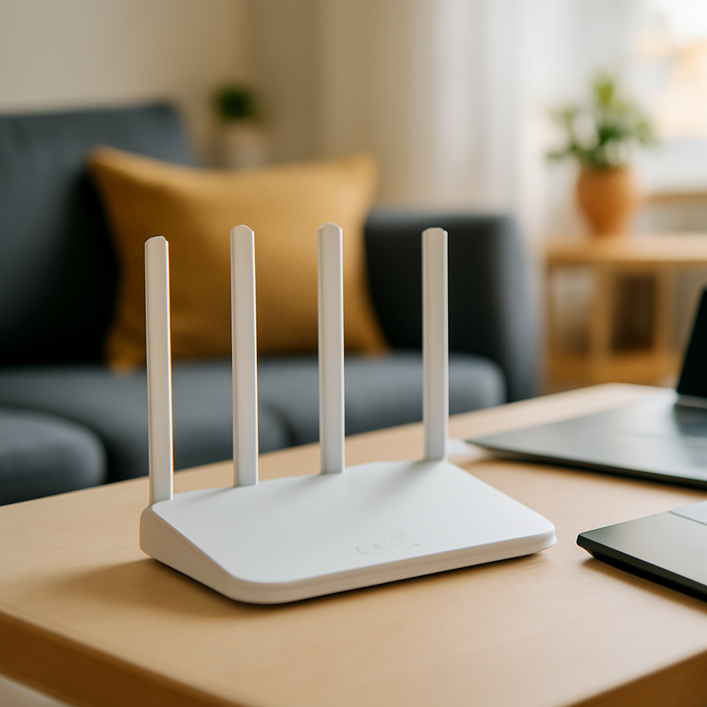 A home router sits on a table in a living room, centered and in sharp focus.